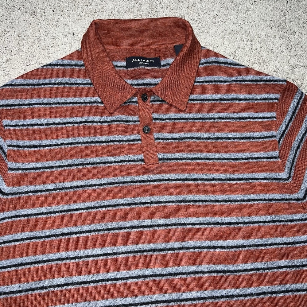 AllSaints Men's Stafford SS Polo Shirt Red/Grey Wool Alpaca Blend 2XL